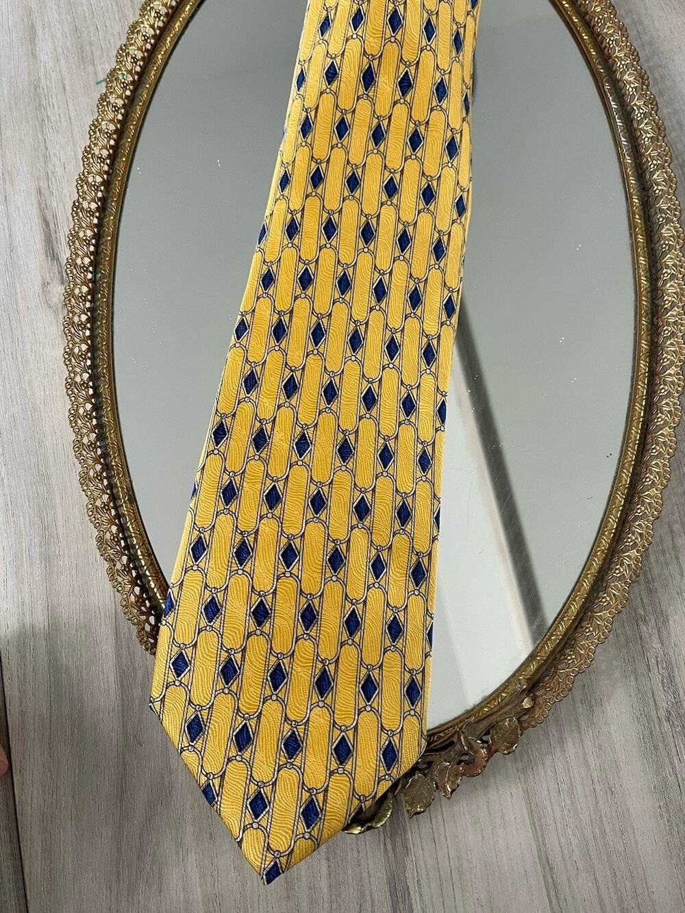 VTG Y2K Alexandre London Savile Row Silk Tie Yellow Blue Diamond Geometric